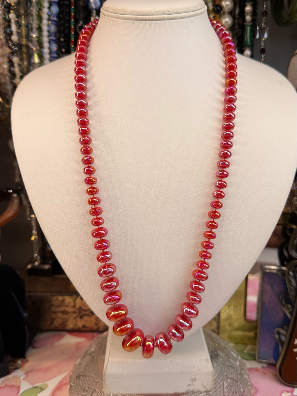Vintage AB Plastic Red Glass Bead Necklace - Elegant Women's Jewelry